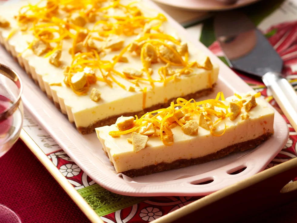 Orange honeycomb cheesecake slice