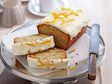 Orange poppyseed loaf with sour cream frosting