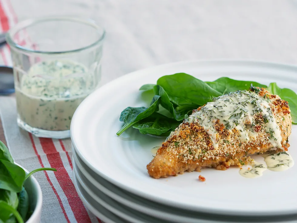 Parmesan chicken with creamy basil dressing