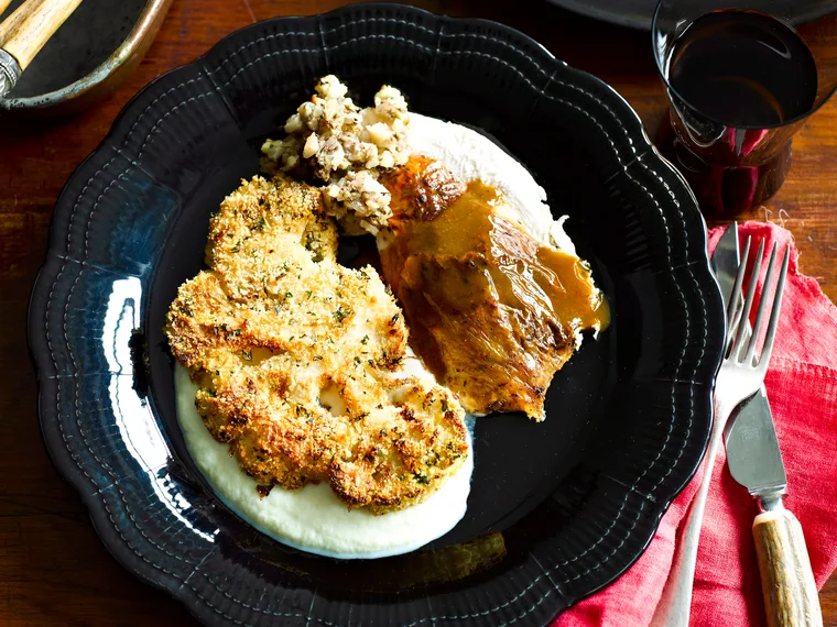 Parmesan crusted cauliflower steaks on cauliflower puree