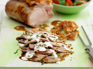 Pork loin with lemon yoghurt and summer salad