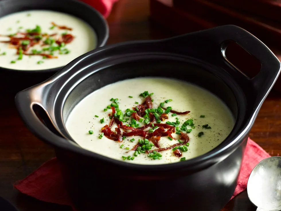 Potato and roasted fennel soup with crispy prosciutto