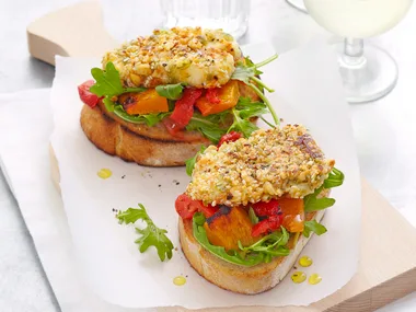 Pumpkin bruschetta with hazelnut-crusted haloumi