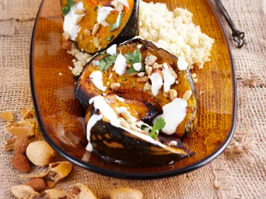 Roasted pumpkin with almonds and pine nuts