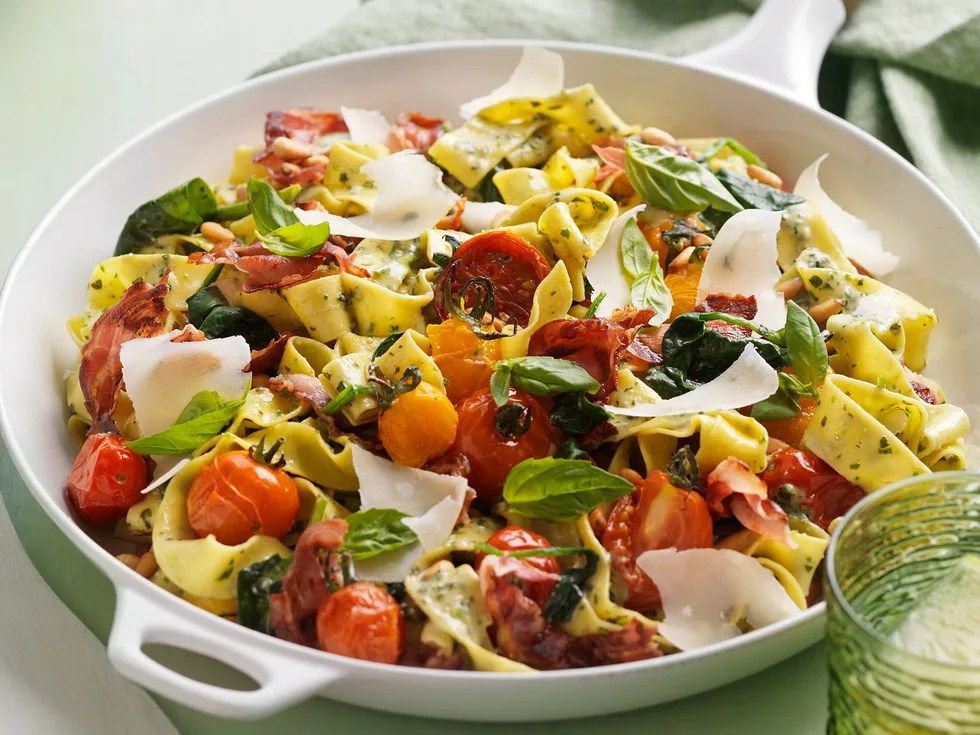 Roasted tomato, pancetta and pesto pappardelle