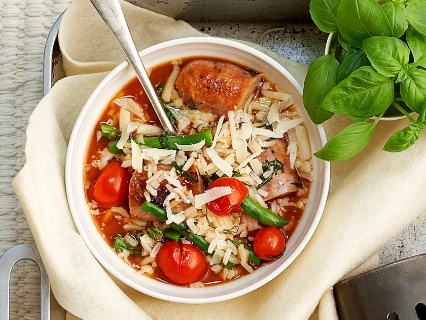 Sausage, rice and tomato soup