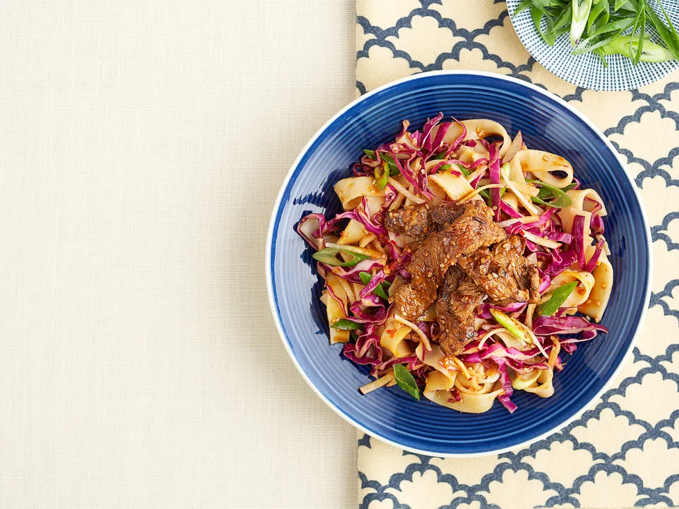 Sesame chilli beef with cabbage and noodle salad
