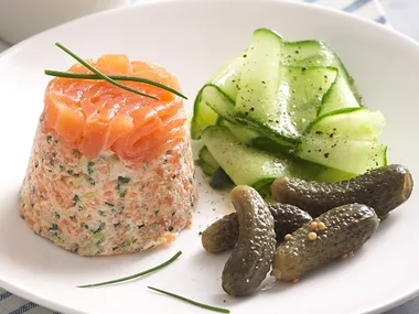 Smoked salmon rillettes with cornichons