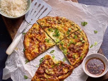 Snake bean and coriander omelettes