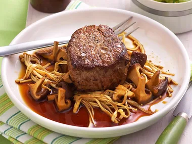 Steak and soy-braised mushrooms