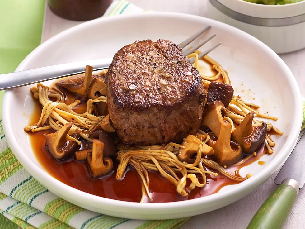 Steak and soy-braised mushrooms