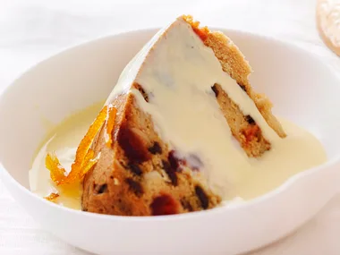 Steamed cherry pudding with orange custard