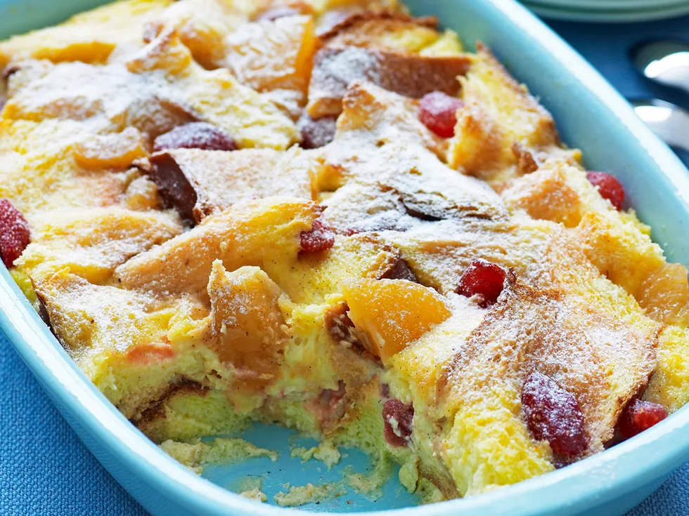 Strawberry and peach brioche pudding