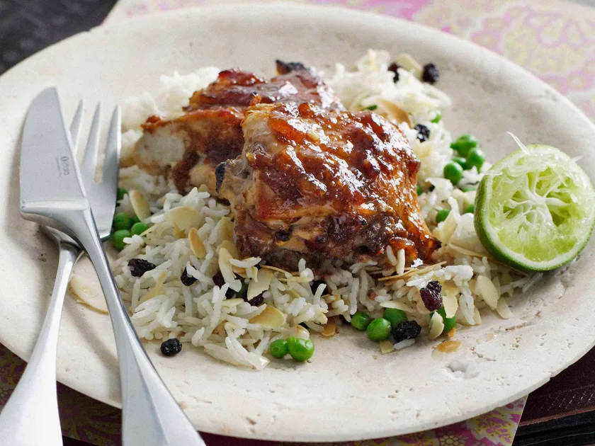 Tender tamarind chicken with almond pilaf and lime recipe