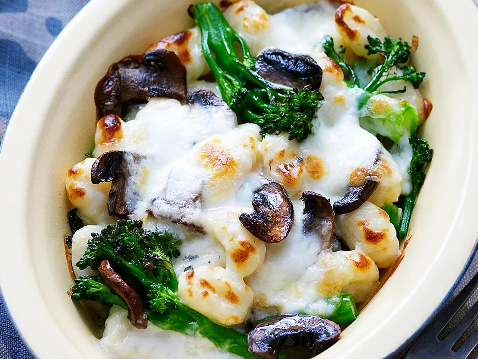 Three-cheese gnocchi bake with broccolini