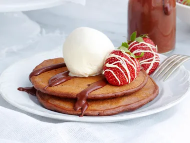 Triple-choc pancakes with strawberries