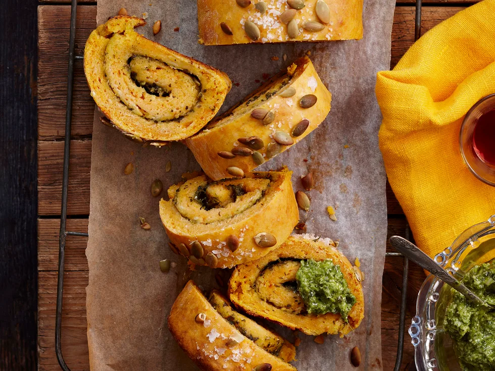 Kumara and basil pesto log