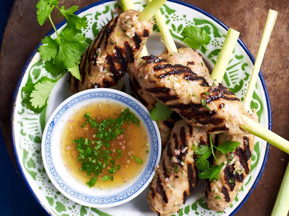 Lemongrass pork and prawn skewers