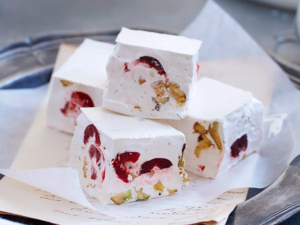 Pistachio and cherry nougat squares