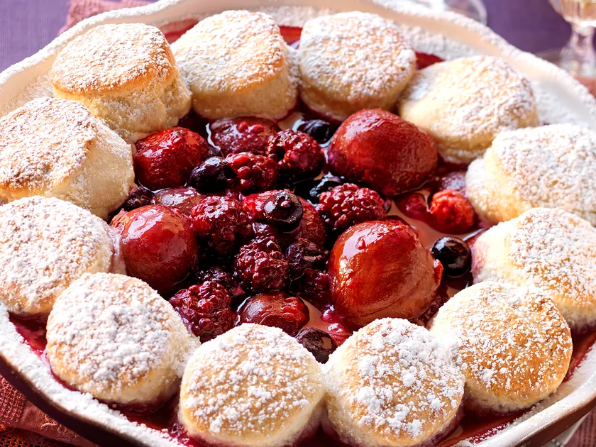 Plum, berry and coconut cobbler