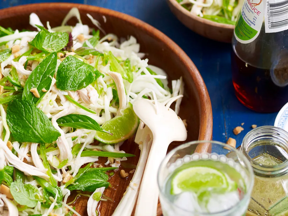 Poached chicken, cabbage and mint salad