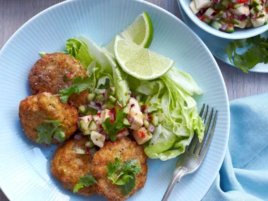 Thai-style fish patties with lime and banana salsa