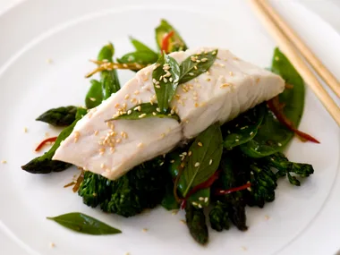 Steamed fish with garlic and ginger greens