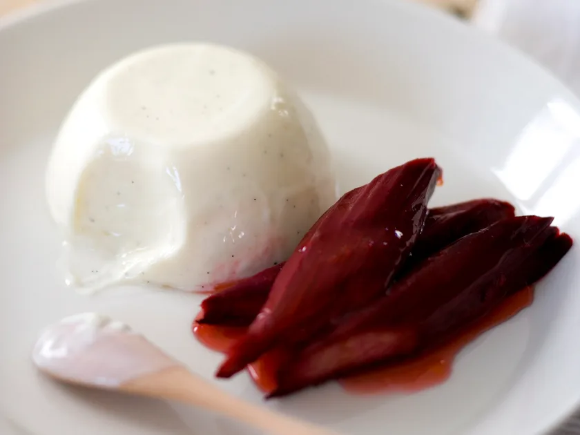Yoghurt panna cotta with baked rhubarb