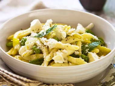 broad bean, leek, goats cheese and mint pasta