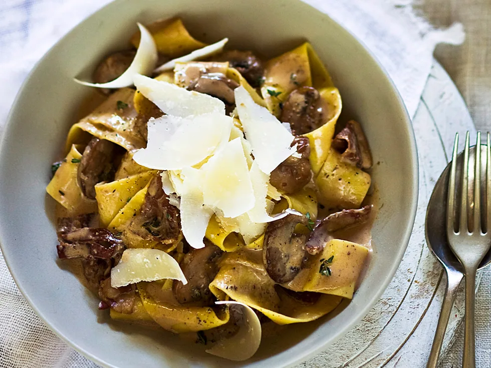 Mushroom, Pancetta and red Wine Pappardelle