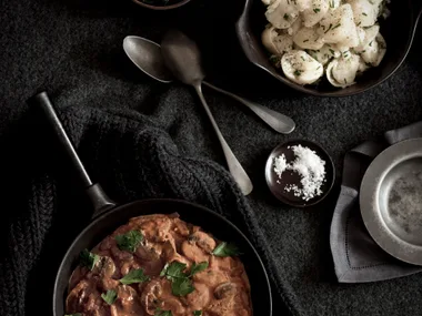 eye fillet stroganoff with crushed chive potatoes
