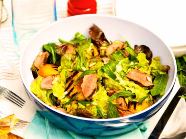 lamb backstrap, peach and pine nut salad