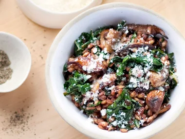 red wine barley risotto with silverbeet and mushrooms