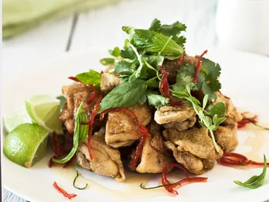 crispy skin chicken with asian herb salad