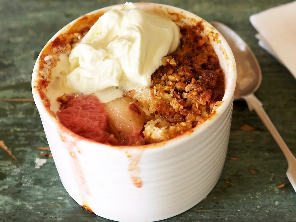 Pear, rhubarb and hazelnut crumble with frangelico cream