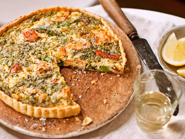 asparagus, hot-smoked salmon, dill and chive quiche