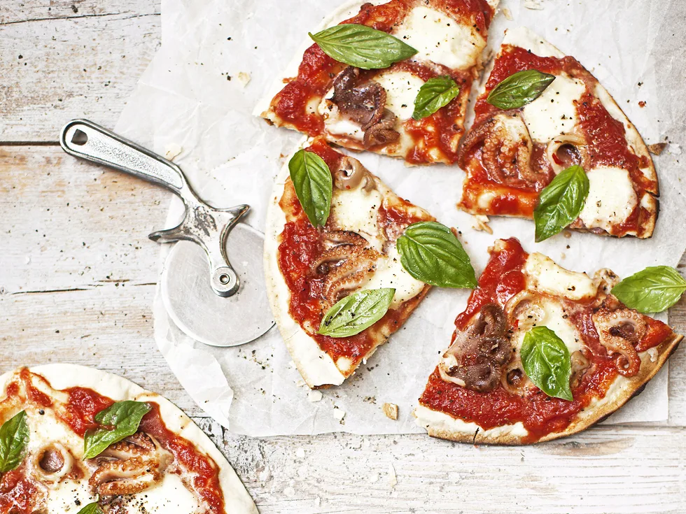 bbq baby octopus pizzas