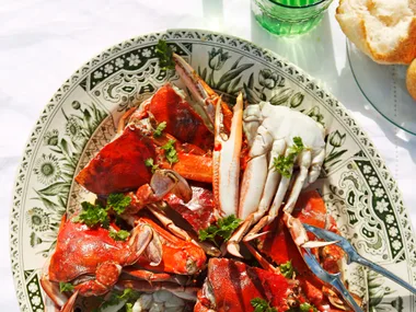 BBQ blue swimmer crabs with champagne and chervil sauce