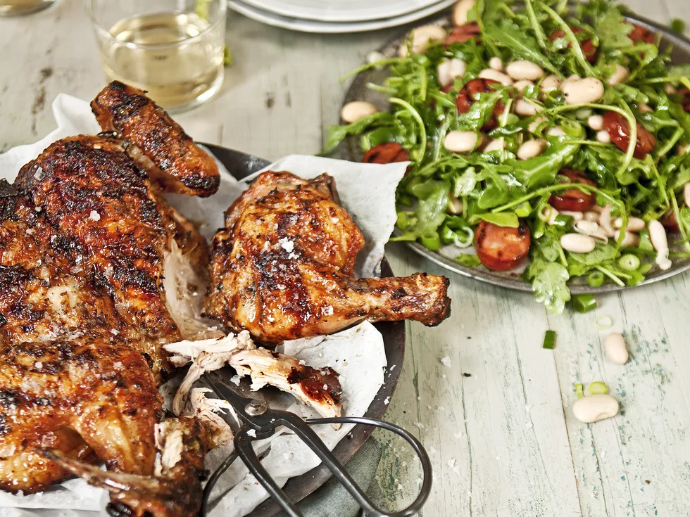 Barbecue chicken with chorizo and bean salad