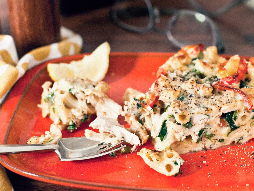 bbq chicken, spinach and pasta frittata