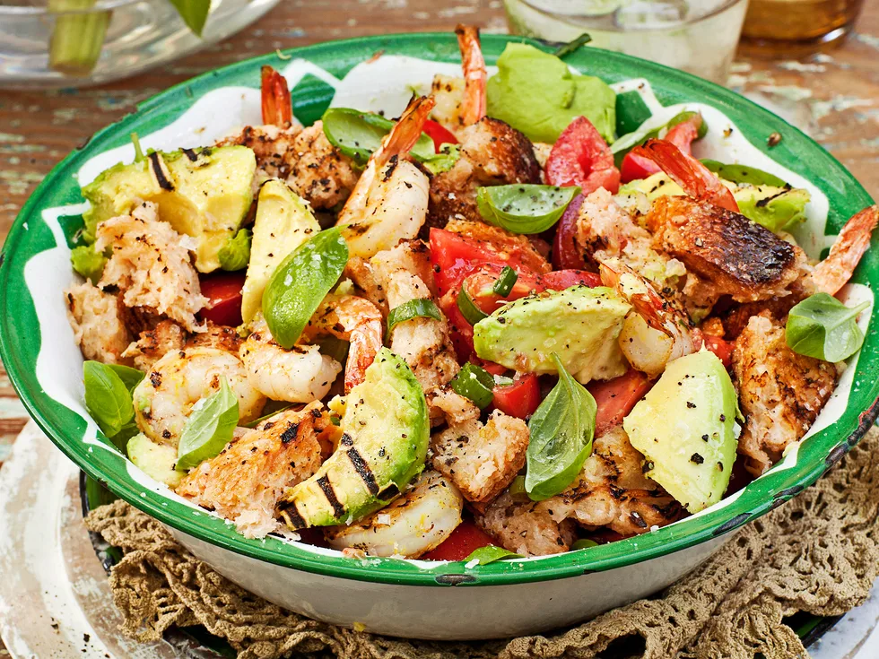 BBQ Lemon prawns with chargrilled avocado panzanella salad
