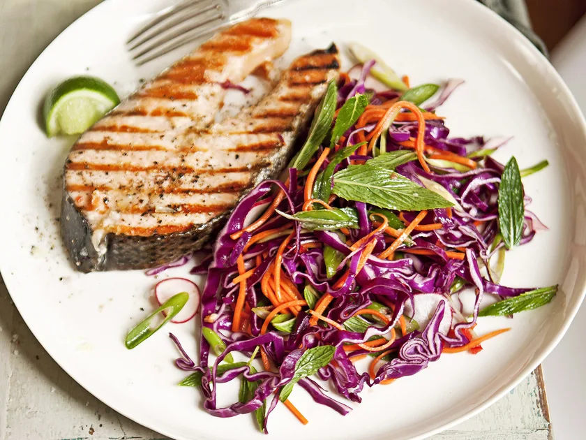 BBQ salmon cutlets with nam jim slaw