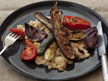 Cheesy baked risotto with roasted veg
