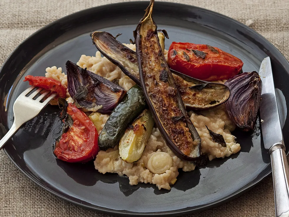 Cheesy baked risotto with roasted veg