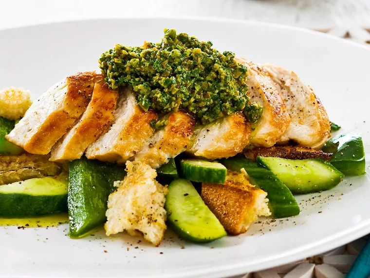 Chicken breast with green olive and rocket tapenade