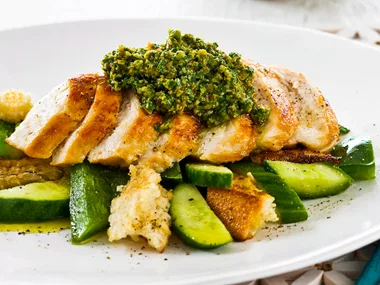 Chicken breast with green olive and rocket tapenade