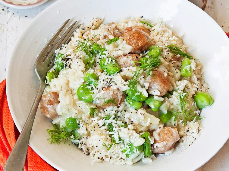 Chicken meatball and broadbean risotto