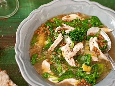 chicken, leek, broccolini, lentil and spinach soup