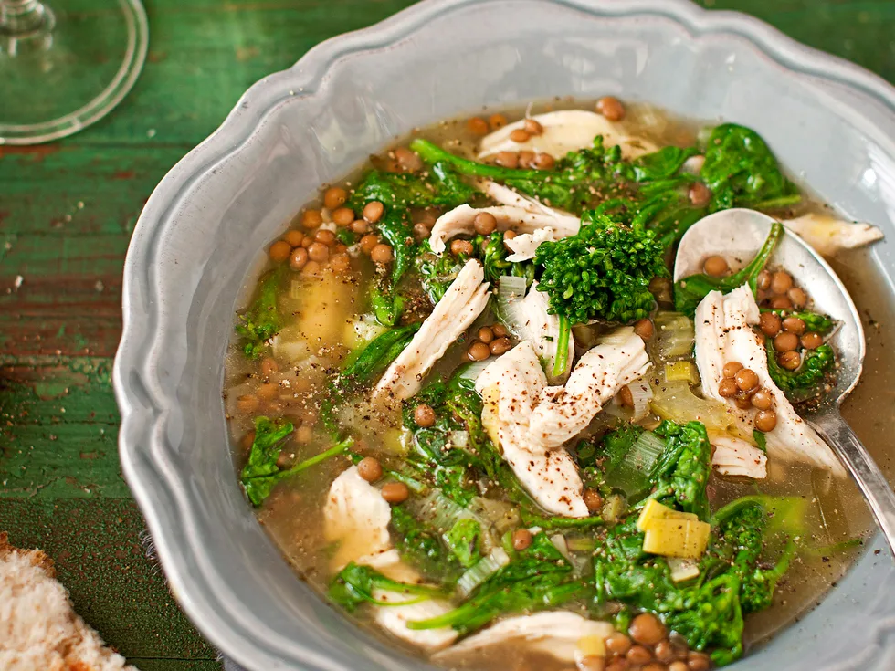 chicken, leek, broccolini, lentil and spinach soup