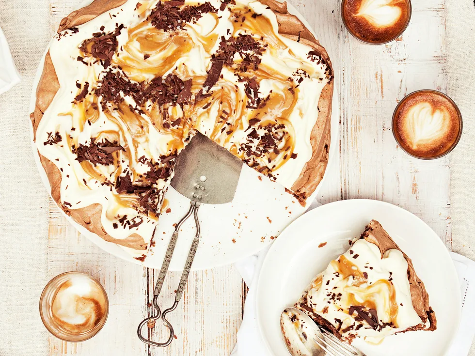 Chocolate pavlova with salted butterscotch sauce